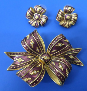 Joan Rivers Maroon Burgundy Plum Purple Enamel Crystals Ribbon Brooch & Earrings