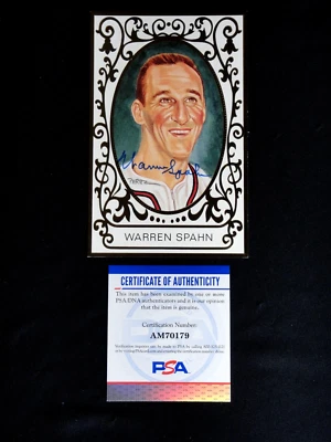 WARREN SPAHN PSA/DNA SIGNED PEREZ STEELE MASTER WORKS HOF POSTCARD #21 AUTOGRAPH - Image 1 of 3