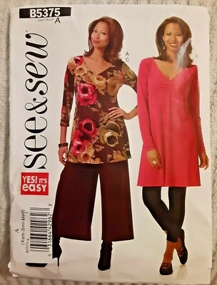 Butterick Sewing Pattern B5375 Knit Tunic Top Dress Gaucho Capri Pants 5375 H - Image 1 of 2