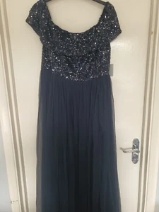 Maya Deluxe Navy Sequin Bardot Maxi Dress Size 18 - Picture 1 of 9