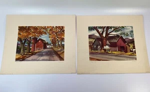 2 Impresiones litográficas de acuarela vintage de John Rogers - "Granero en el camino y sombras de otoño" - Imagen 1 de 6