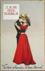 Valentine Couple Kissing 1910 Postcard, To Kiss is Divine, Color Litho - Picture 1 of 1