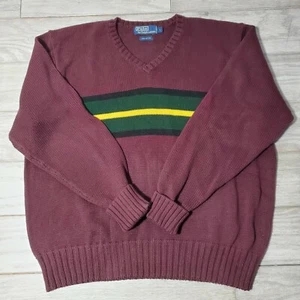 POLO RALPH LAUREN Maroon Gold Green Striped V Neck Cotton Sweater L Vintage  - Picture 1 of 12