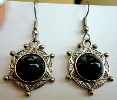 PENDIENTES GANCHO COLGANTES EXPRESS TONO PLATEADO*Estrella*Piedras Negras Naturales Foto 1 de 3