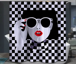 Woman Sunglasses Red Lips Fabric Shower Curtain 70x70 Black and White Checkered - Picture 1 of 1