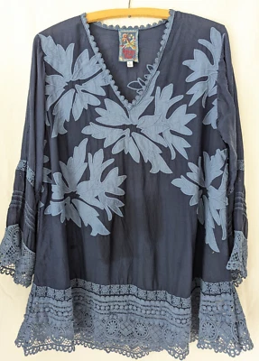 Johnny Was Halima 束腰外衣小号蓝色贴花刺绣钩针编织装饰 — 第 1/4 张图片