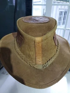 Genuine Leather Hat Outback Western Tan/Brown Hat Custom Scenes Hand Built - Picture 1 of 6