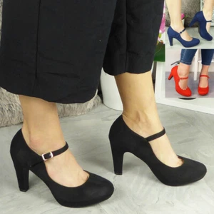 Zapatos de fiesta de corte tacón alto damas mujeres Mary Jane plataforma gamuza hebilla talla - Imagen 1 de 24