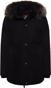 Superdry Womens Everest Faux Fur Hooded Parka Jacket, Black Blue Quilted - Picture 1 of 3