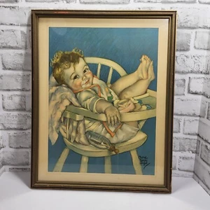 Vintage gerahmter Maud Tousey Engel Pastell Druck Baby im Hochstuhl 15x20" - Bild 1 von 10
