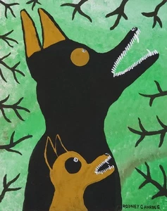 Rodney Hardee Outsider Folk Art Painting 2 Dogs In Vines Southern Artist #340 - Picture 1 of 5