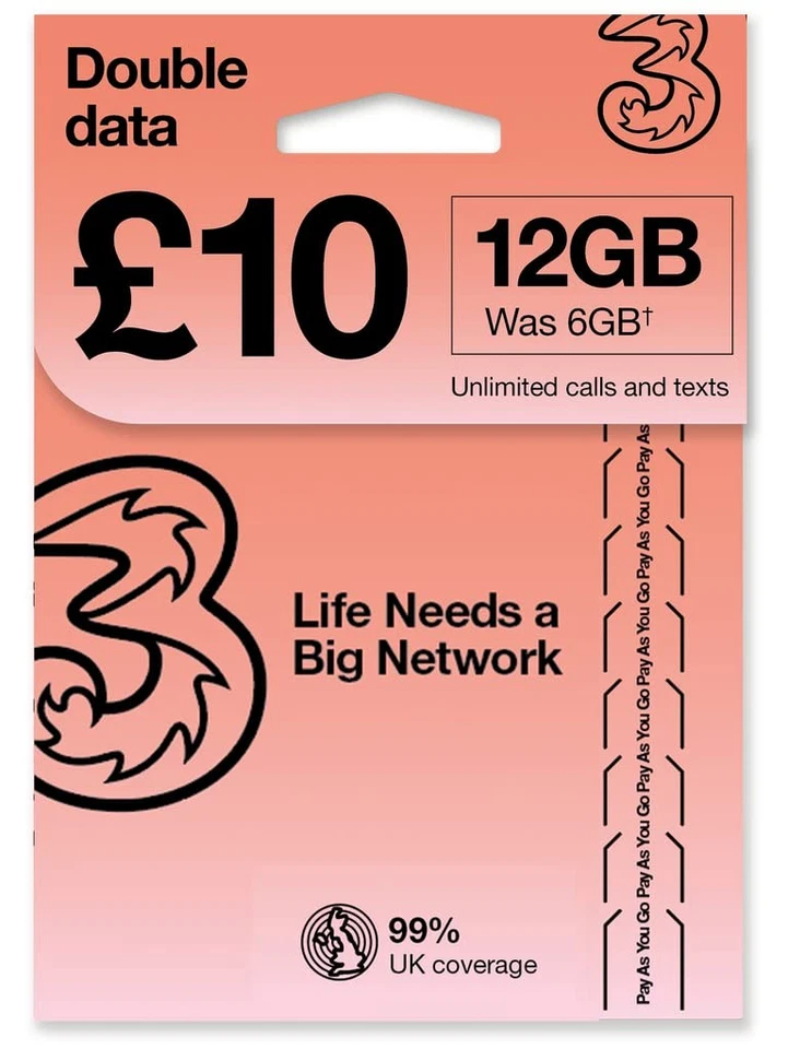 PrePaid Europe (UK THREE) sim card 12GB data+3000 minutes+3000 texts for 30 d... - Image 1 of 1