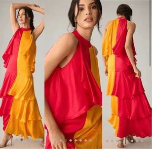 NWT Anthropologie Pinnacle X Shruti Pink Orange Colorblock Ruffle Maxi Dress XS - Picture 1 of 12