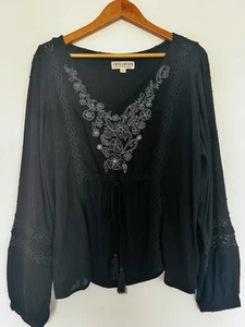 Camicetta collo cravatta ricamata Idyllwind XL nera pois svizzeri uncinetto western boho - Foto 1 di 11