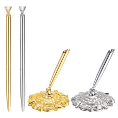 2 Pcs Hollow Round Pen Holder Signing Pen Set Crystal Diamond, Gold, Silver - Image 1 of 4
