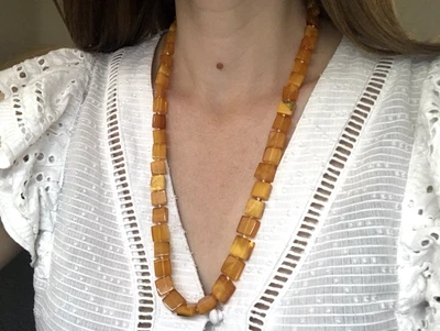 Ancien collier ambre cadeau vintage jaune d'oeuf perles baltiques nouées 31,1... - Photo 1/4