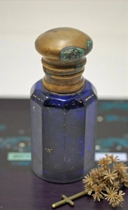 Antique Blue Glass Perfume Bottle Original Old Hand Crafted Brass Cap - Picture 1 of 6