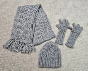 Charter Club Set Hat Scarf Gloves Boggen Gray Braided Fuzzy Warm Winter Mittens  - Picture 1 of 13
