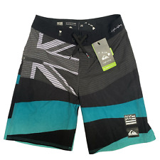 NWT Boys Quiksilver Black & Turquoise Broadshorts Dryflight Size 25/10