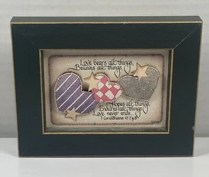 Vintage Signed Framed I Corinthians Inspirational Folksy Country Hearts Picture - Picture 1 of 11