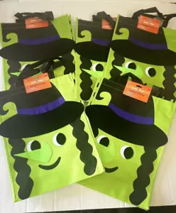 Trick or Treat Candy Bags Totes Halloween Fabric Witch Large Lot of 5 Green New - Picture 1 of 2