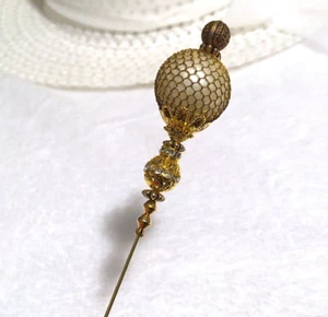 SEXY HATPIN with GOLDEN LACE FAUX PEARL and RHINESTONES on OLD GOLD FINISH - Picture 1 of 11