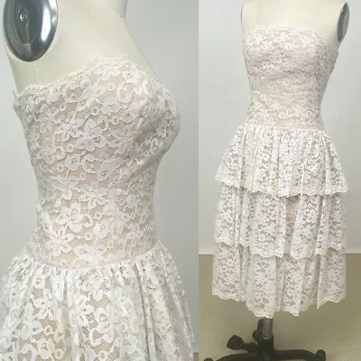 Vintage 1980s Victor Costa White Tulle Floral Lace Evening Dress Beige Acetate - Image 1 of 4