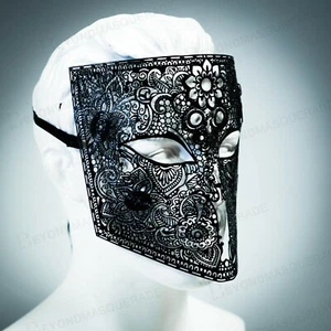 Mens Metal Bauta Venetian Laser-Cut Filigree Metal Masquerade Mask [Black] - Picture 1 of 3