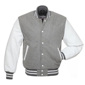 Stewart & Strauss Grey Wool & White Leather Varsity Letterman School Jacket - Picture 1 of 6
