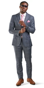 Slim Fit 2 Button Mens Suit Slate Gray Windowpane Plaid Peak Lapel 35071 AZARMAN - Picture 1 of 7