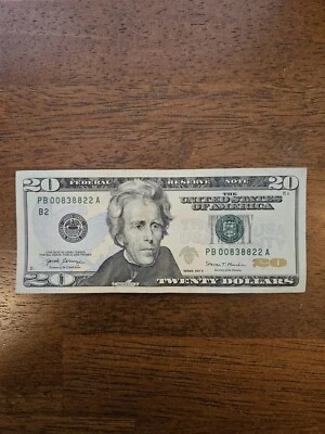 2017 US $20 Dollar Bill 00838822 Three Pairs Fancy Serial Number - Image 1 of 2