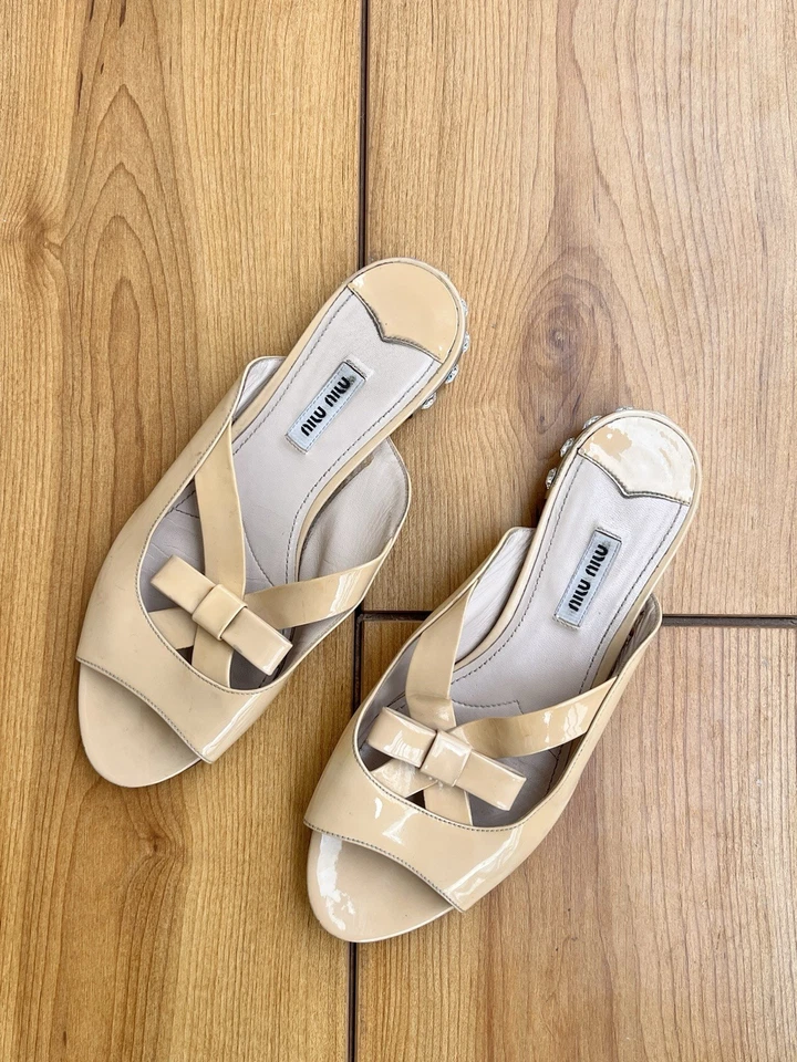 Miu Miu embellished Beige Satin sandal / slider  In Size 39.5 EU|8.5 US|6.5 UK - Image 1 of 4