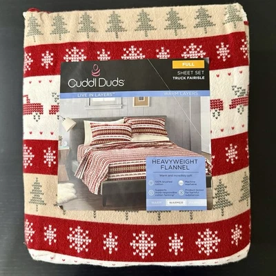 Conjunto de lençóis Cuddl Duds flanela peso pesado tamanho completo caminhão vermelho Fairisle Natal - Imagem 1 de 4