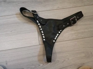 BNWT Vintage Ann Summers Studded Black Faux Leather Buckle Thong Size 10-12 - Picture 1 of 24