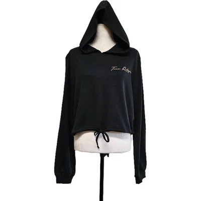 NWT True Religion $119 Cropped Black Logo Hoodie Size M Drawstring Waist  - Image 1 of 4