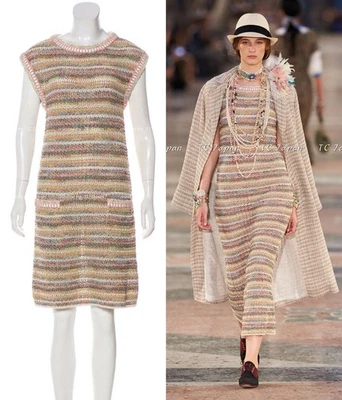 CHANEL 17C Creme Marigold Beige Cotton Stretch Knit Dress Karl Lagerfeld 44 - Image 1 of 4