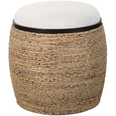 Uttermost 23582 Island Ottoman or Stool Natural Braided Straw and Light Beige - Image 1 of 3