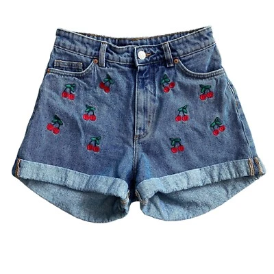 Monki High Rise Cuffed Blue Jean Shorts Embroidered Cherries Womens Size 27 - Image 1 of 4