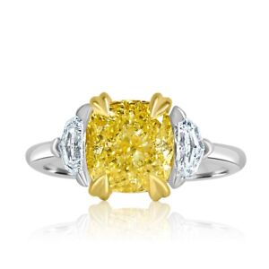 GIA Certified 3.57 CT 3 Stone Cushion Light Yellow Diamond Ring 18k White Gold