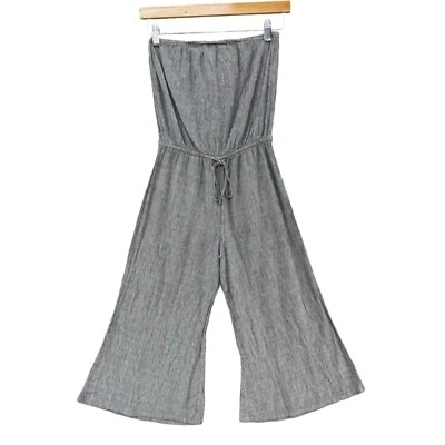 Blue Life Strapless Jumpsuit Womens Grey Wide Leg Crop Drawstring Waist Size S - Image 1 of 4