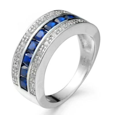 2*3mm Blue Red White Cz Band White Yellow Gold Filled Women's Wedding Size 6-10 - Image 1 of 4