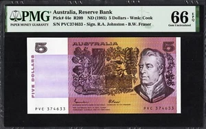 Australia 5 Dollars P44e R209 1985 Johnston Fraser PMG66 Gem UNC EPQ Banknote - Picture 1 of 2