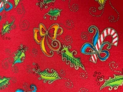 Laurel Burch Cotton Fabric BOUNTIFUL BLESSINGS Candy Canes Holly Bows - 1 yard - Image 1 of 3