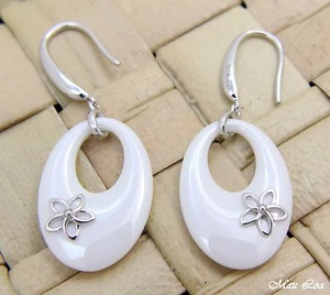 925 Silver Rhodium Hawaiian Plumeria Flower White Ceramic Oval Hook Earrings - Picture 1 of 1