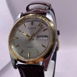 Pulsar Watch Mens Gray Day Date Stainless Steel Silver Gold  Leather Quartz New  - Picture 1 of 7