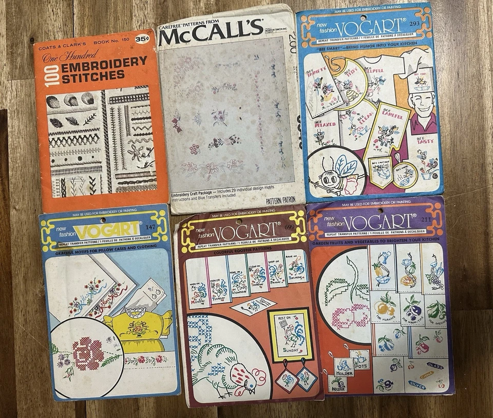 McCalls Vogart Vintage Embroidery Patterns & Embroidery Book Lot Of 6 - Image 1 of 1