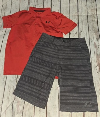Conjunto de conjunto de golf UNDER ARMOUR rojo polo para niños - talla YLG y pantalones cortos grises - talla 14 Foto 1 de 4