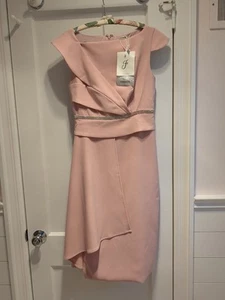 Fehaute Women's Asymmetrical Cap-Sleeve Rhinestone Midi Dress LC7 Pink Size 2 - Picture 1 of 15