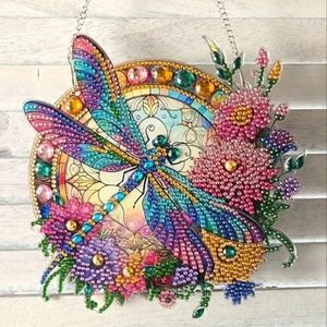 New Finished Diamond Dot Art Colorful Drangonfly Window Hanging Floral Chain - Picture 1 of 5