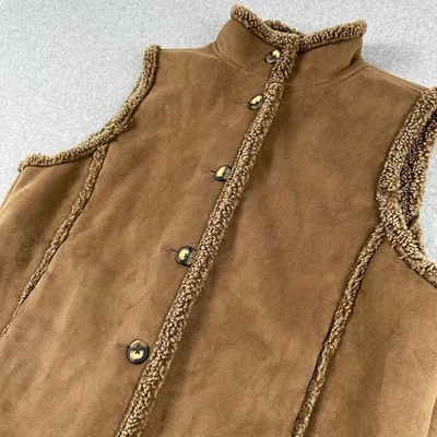 LL Bean Women's Vest XL Brown Faux Suede Sherpa Lined Gorpcore Pockets Button Up - Image 1 of 4